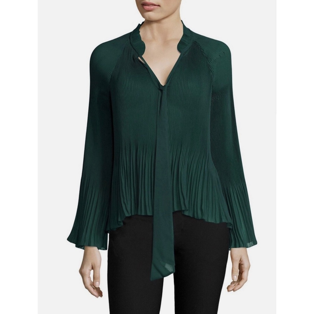 DEREK LAM 10 CROSBY Green Sheer Long-Sleeve Pleated Tie-Neck Blouse | 6